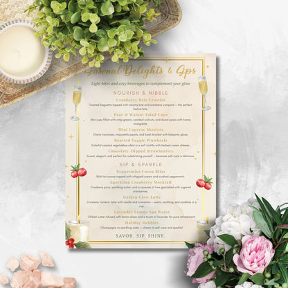 Elegant editable spa food and drink menu template – “Seasonal Delights & Sips” featuring holiday-inspired refreshments and cozy spa treats, designed to match the Glow into the Holidays collection by Given Crafted Wonders.