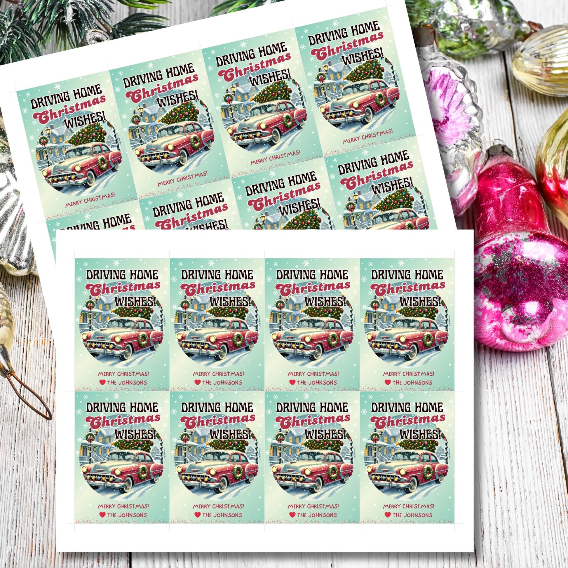 Retro-inspired Christmas gift tags featuring a vintage car decorated with wreaths driving through a snowy holiday scene, paired with the message "Driving Home Christmas Wishes!" These printable and editable tags add a nostalgic holiday touch to Christmas gifts.