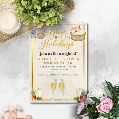 Invitation card for a holiday event with champagne glasses, candles, and flowers on a decorative background.