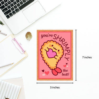 Printable Valentine’s Day Greeting Card featuring the pun “You're Shrimply the Best.” Designed as a 5x7 PDF on an 8.5 x 11 sheet with two cards per page. A fun and punny Valentine’s card for seafood lovers and friends.