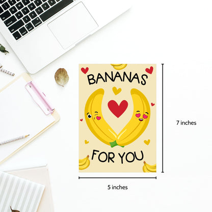 Printable Valentine’s Day Greeting Card featuring the pun “I'm Bananas for You.” Designed as a 5x7 PDF on an 8.5 x 11 sheet with two cards per page. A cute and fun Valentine’s card for fruit lovers.