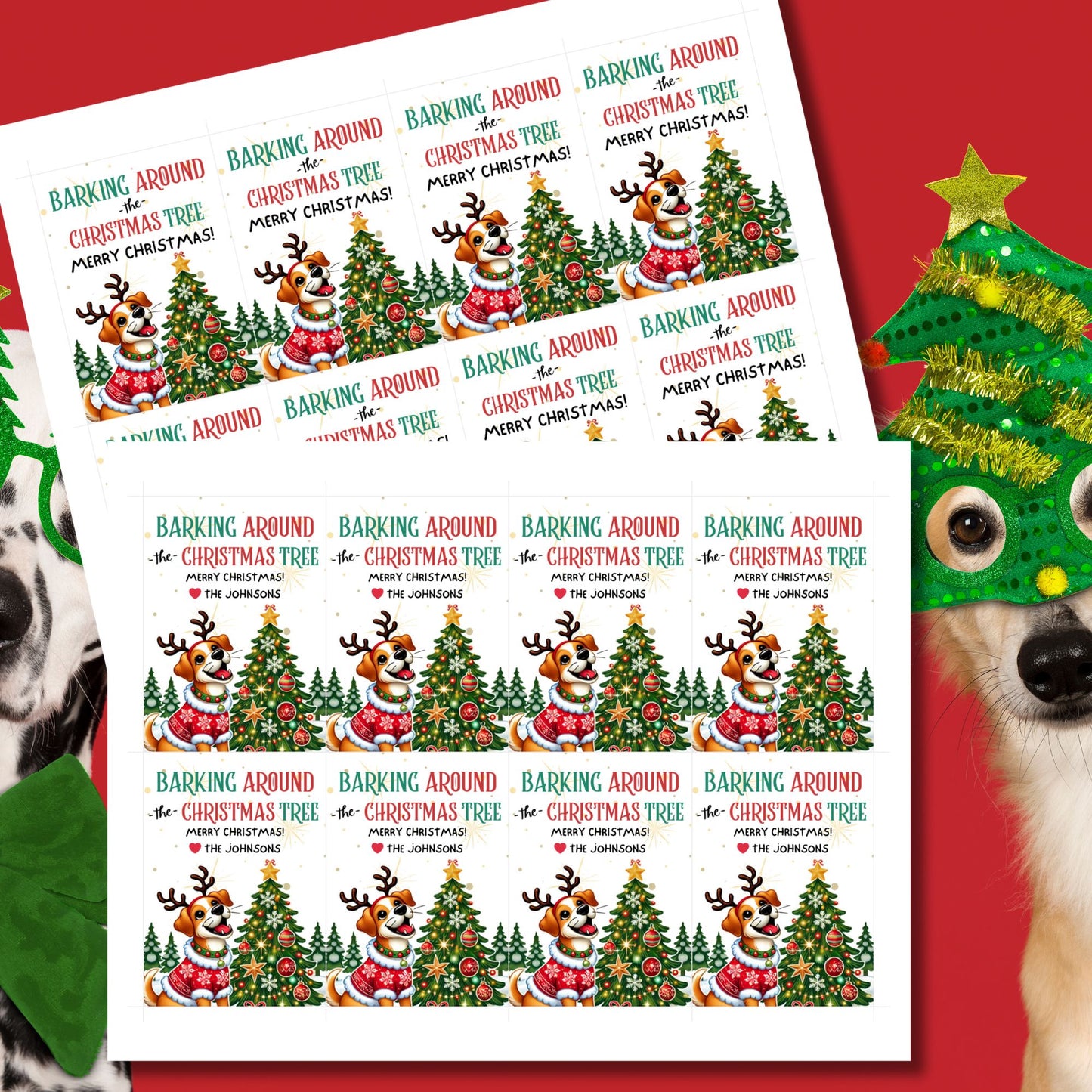 Christmas gift tags featuring a joyful dog with reindeer antlers and a festive sweater, surrounded by decorated Christmas trees, with the message "Barking Around the Christmas Tree." These printable and editable tags are perfect for dog lovers and add a fun holiday touch to gifts.