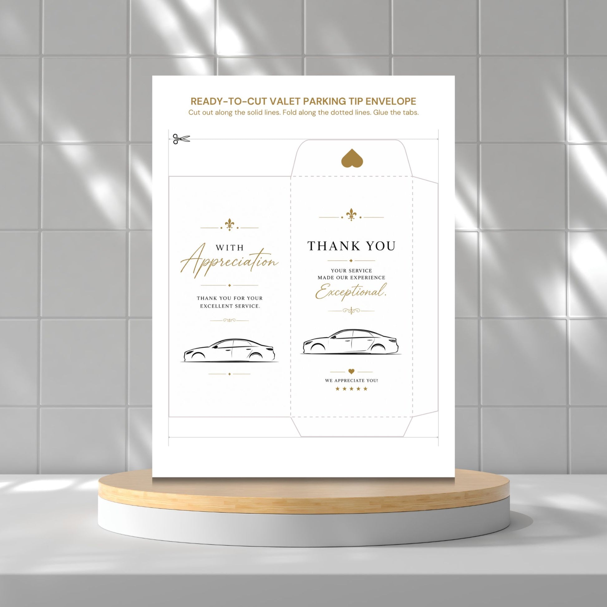 A printed ready-to-cut valet parking tip envelope template displayed upright on a round pedestal against a tiled wall. The envelope design is white with gold and black text and simple car line drawings.