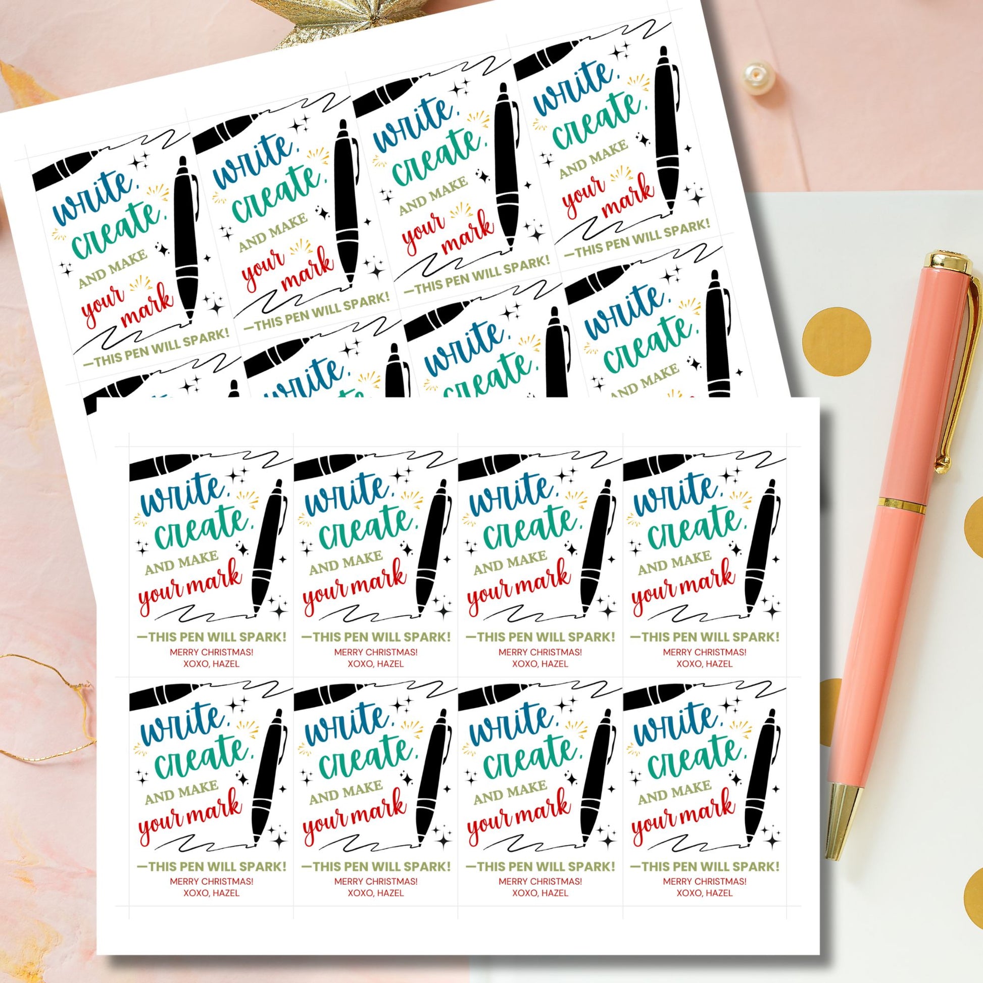 Festive pen-themed Christmas gift tags with the message 'Write, Create, and Make Your Mark - This Pen Will Spark!' Perfect for adding a creative touch to holiday gifts for teachers, students, and writers.