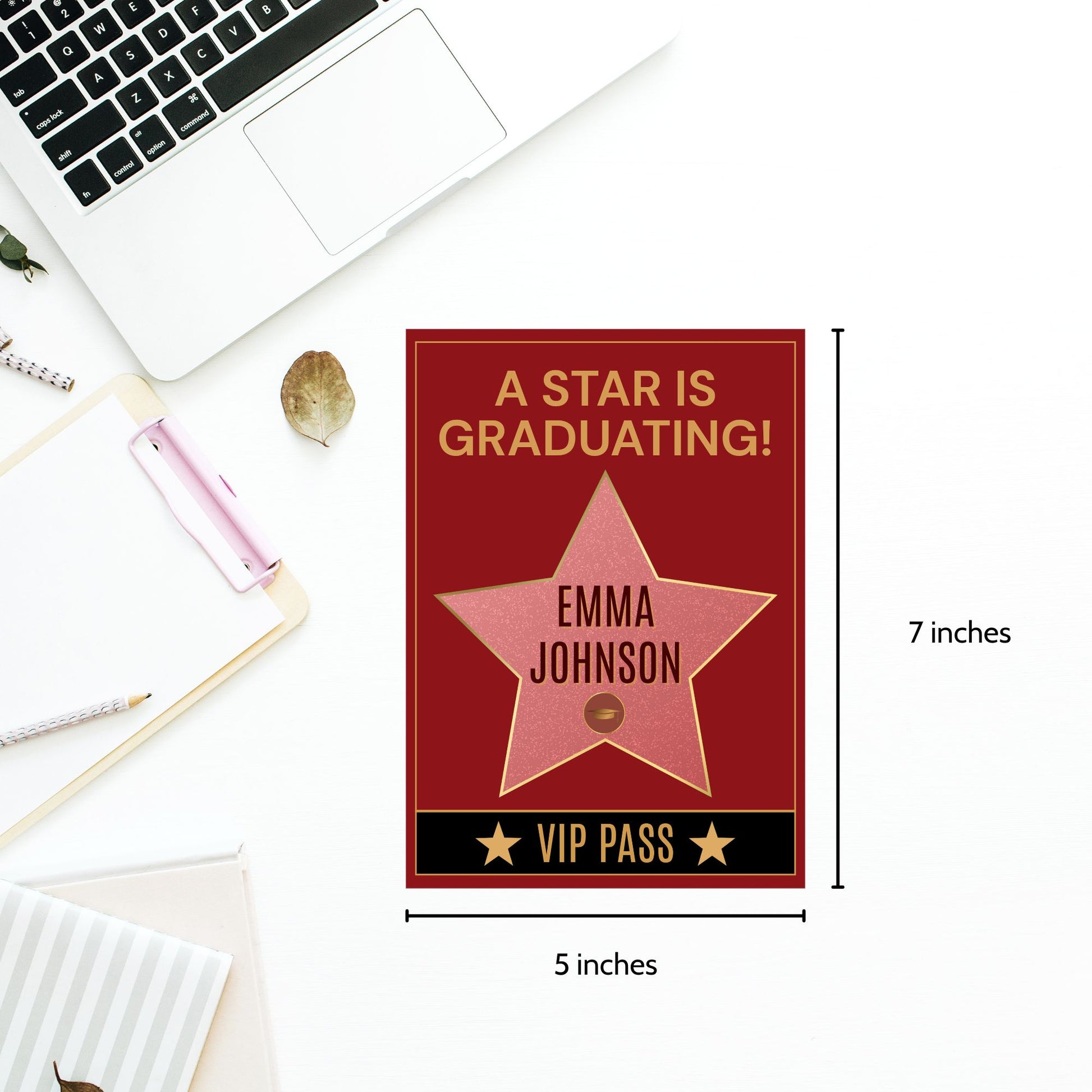 Double-sided Hollywood Walk of Fame-themed graduation invitation with red and gold star design on front and movie ticket-style layout on back. Canva editable 5x7 template.