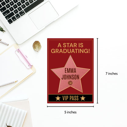 Double-sided Hollywood Walk of Fame-themed graduation invitation with red and gold star design on front and movie ticket-style layout on back. Canva editable 5x7 template.