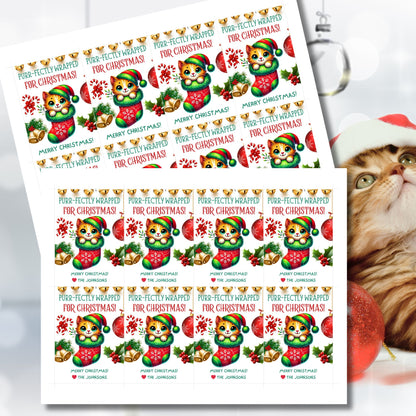 Christmas gift tags featuring a cute kitten snuggled in a festive stocking with holiday decorations like bells, candy canes, and holly, paired with the message "Purr-fectly Wrapped for Christmas!" These printable and editable tags add a cozy, festive touch to holiday gifts.