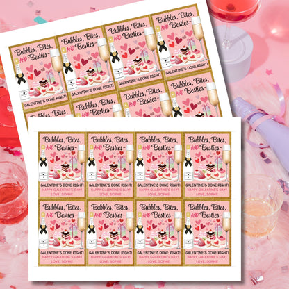 Festive printable and editable Galentine’s Day gift tags featuring champagne, sweets, and the message "Bubbles, Bites, and Besties." Perfect for wine nights, brunch, or Galentine’s gift bags.