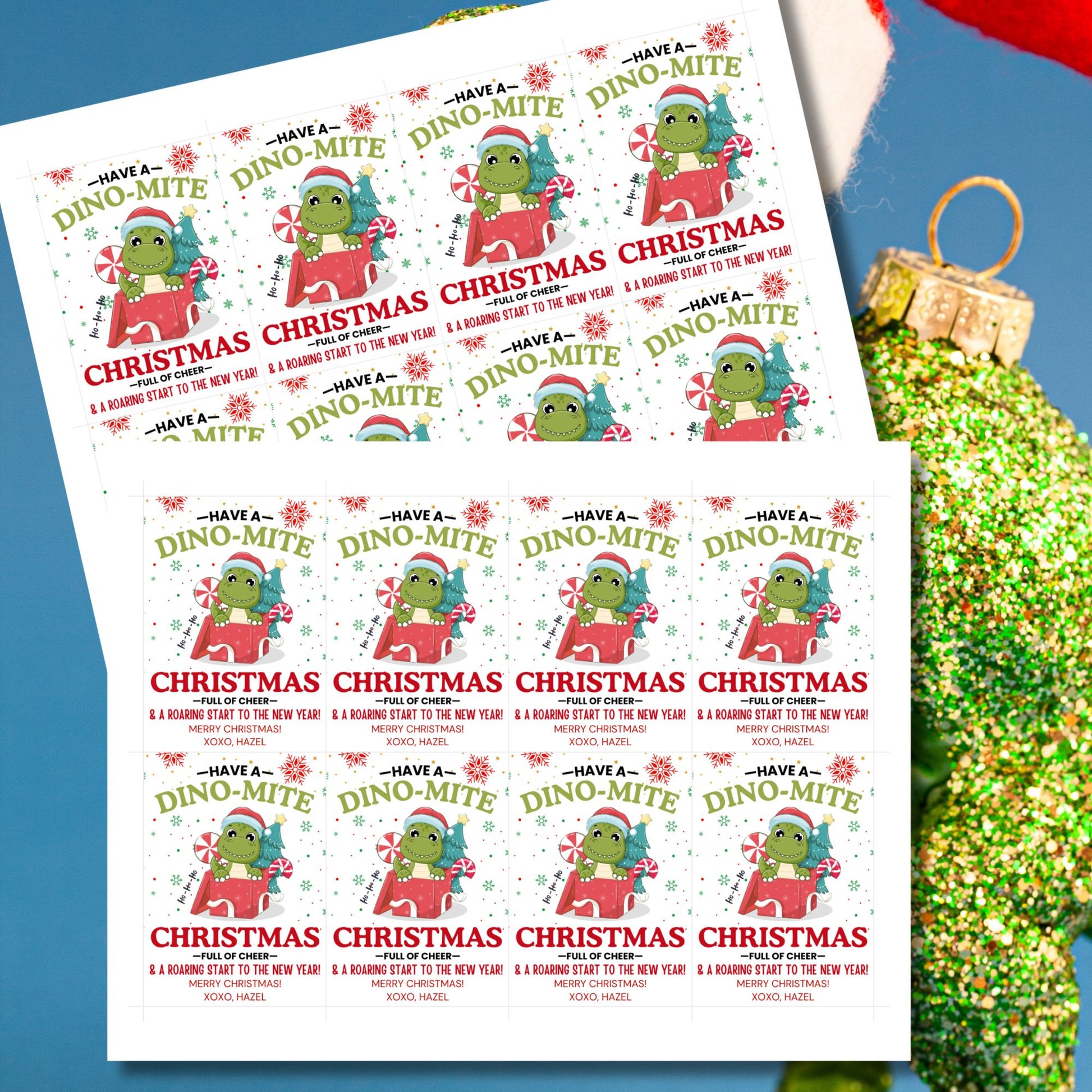 Adorable dinosaur-themed Christmas gift tags featuring a festive green dino in a Santa hat and the message 'Have a Dino-Mite Christmas full of cheer & a roaring start to the New Year!' Perfect for adding a playful touch to holiday gifts.