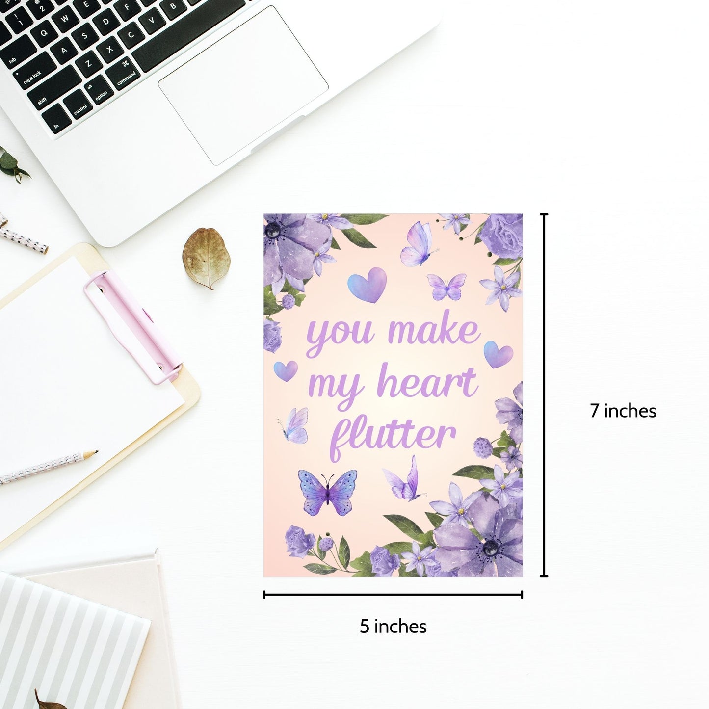 Printable Valentine’s Day Greeting Card featuring the phrase “You Make My Heart Flutter.” Designed as a 5x7 PDF on an 8.5 x 11 sheet with two cards per page. A whimsical and heartfelt Valentine’s card for nature lovers.