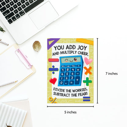 A printable math-themed Valentine’s Day card with the message "You Add Joy and Multiply Cheer." Perfect for math teachers, tutors, and STEM lovers. Instant download, 5x7 inches.
