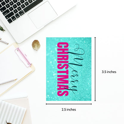 Printable Christmas gift tags featuring an aqua glitter background with bold magenta "Merry Christmas" text and black script accents, sized 2.5 x 3.5 inches, 8 tags per sheet.