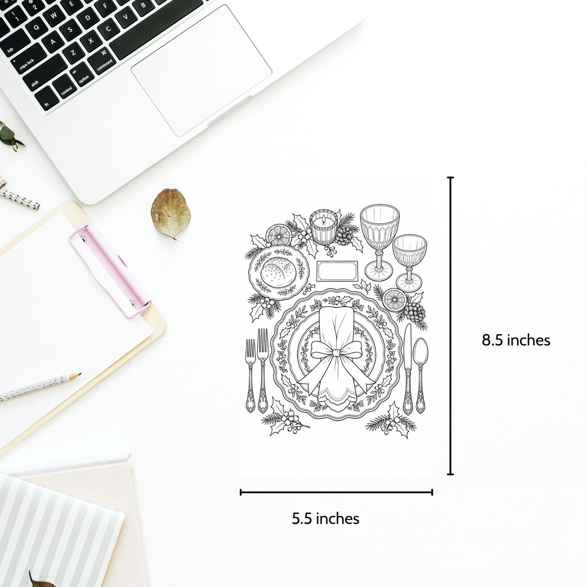 A black-and-white printed table setting design shown on a white desk with measurement labels indicating 8.5 inches tall by 5.