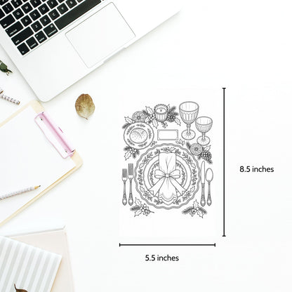 A black-and-white printed table setting design shown on a white desk with measurement labels indicating 8.5 inches tall by 5.