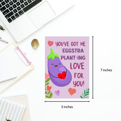 Printable Valentine’s Day Greeting Card featuring the phrase “You’ve Got Me Eggstra Planting” with a cute eggplant design. Designed as a 5x7 PDF on an 8.5 x 11 sheet with two cards per page. A fun and punny Valentine’s card for loved ones.