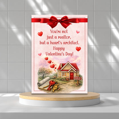 Printable Valentine’s Day cards for realtors featuring real estate themed illustrations, hearts, keys, and homes, designed as professional 5x7 thank you cards for real estate client appreciation.
