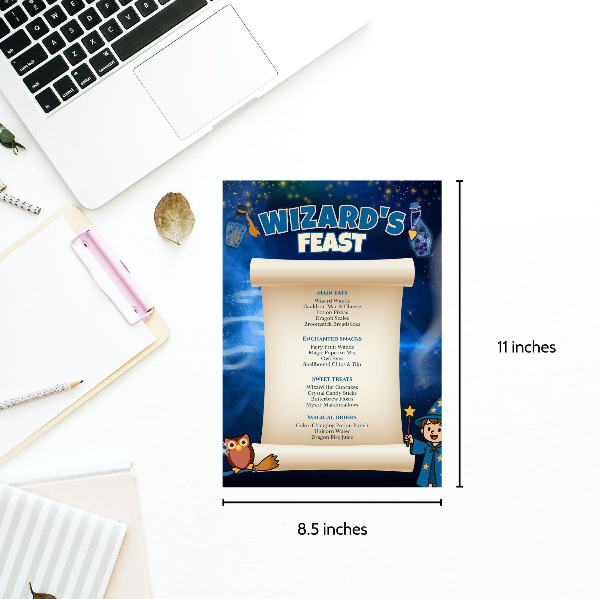 Editable Wizard Feast Party Menu with magical food names like Potion Pizzas, Owl Eyes, and Unicorn Water – 8.5x11 printable for fantasy-themed celebrations.