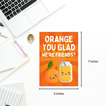 Printable Valentine’s Day Greeting Card featuring the phrase “Orange You Glad We’re Friends” with a cheerful orange theme. Designed as a 5x7 PDF on an 8.5 x 11 sheet with two cards per page. A fun and sweet Valentine’s card for friends.