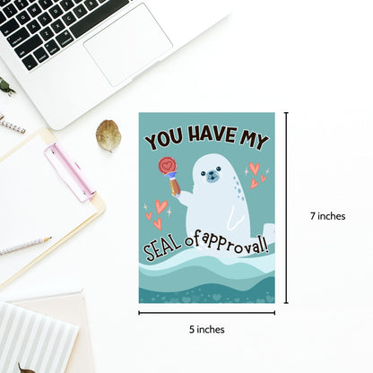 Printable Valentine’s Day Greeting Card featuring the phrase “You Have My Seal of Approval” with a seal theme. Designed as a 5x7 PDF on an 8.5 x 11 sheet with two cards per page. A cute and playful Valentine’s card for animal lovers.