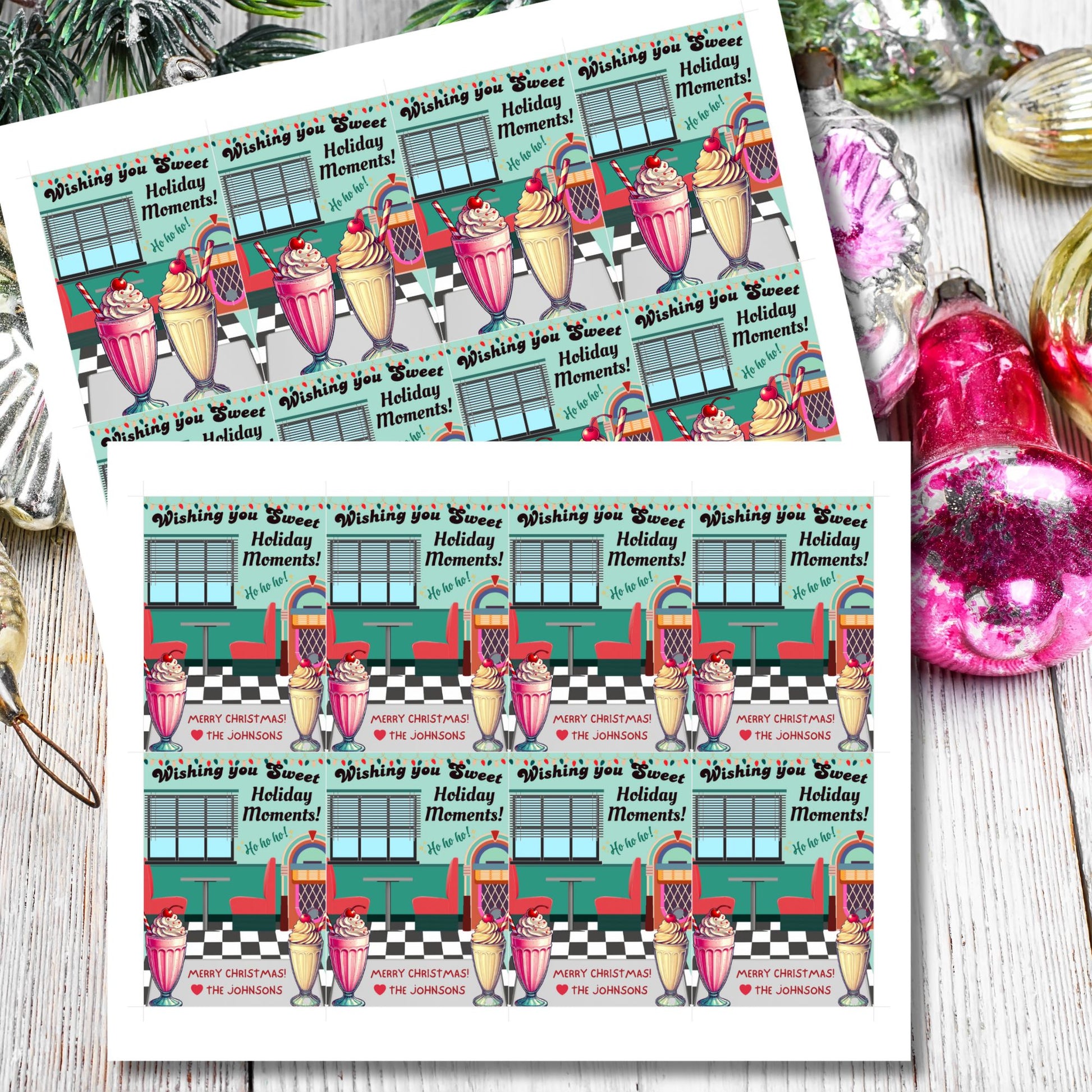 Retro-inspired Christmas gift tags featuring a 1950s diner scene with a jukebox, booths, and milkshakes, paired with the message "Wishing You Sweet Holiday Moments!" These printable and editable tags add a nostalgic touch to holiday gifting.