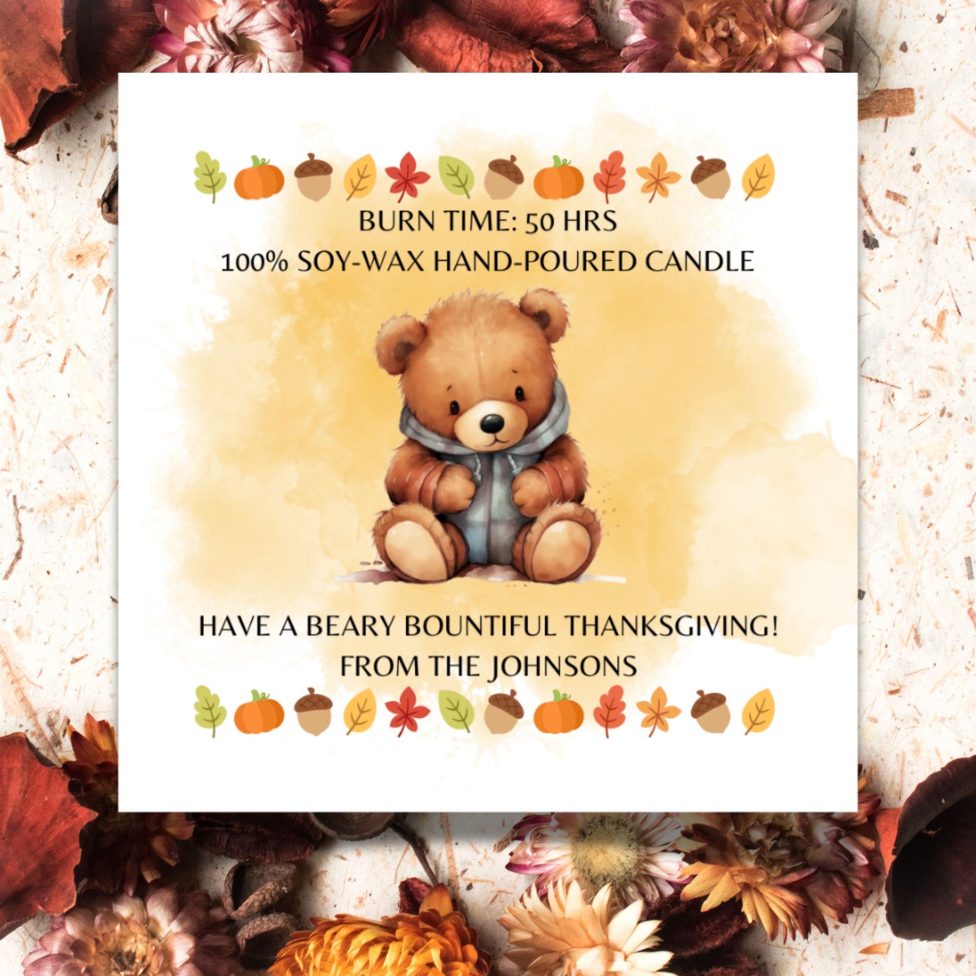 A set of 9 "Beary Bountiful Thanksgiving" themed Fall candle labels featuring charming bears, autumn leaves, and Thanksgiving motifs. The 2.75-inch square labels come as fixed designs with editable text for personal customization.