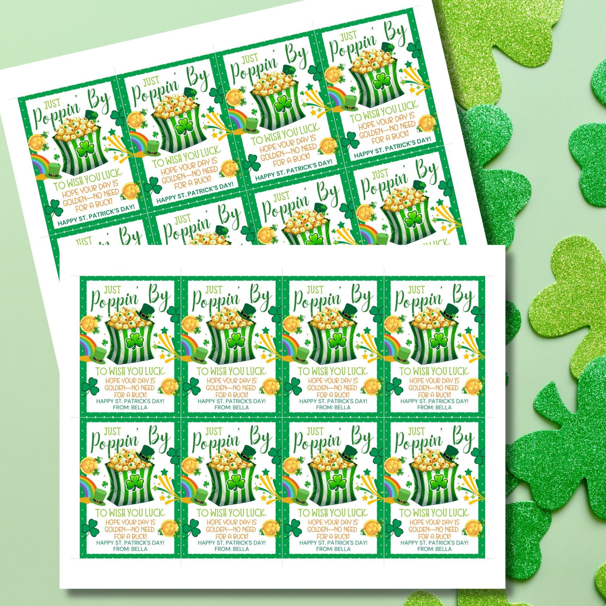 A fun and punny St. Patrick’s Day printable gift tag featuring a striped popcorn bucket decorated with shamrocks, gold coins, and a leprechaun hat. The tag reads "Just Poppin’ By to Wish You Luck! Hope Your Day is Golden—No Need for a Buck!" The tags are 2.5 x 3.5 inches, laid out on an 8.5 x 11-inch sheet, 8 per page. Available as a printable PDF and an editable Canva template for personalization.