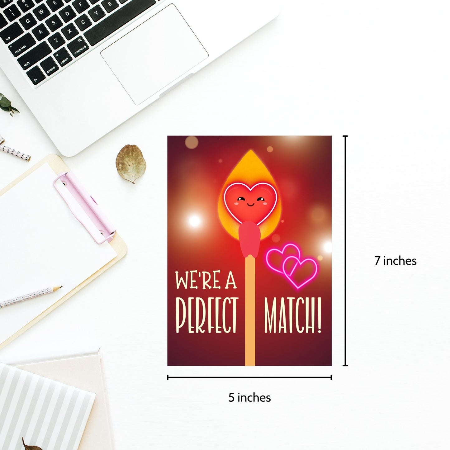 Printable Valentine’s Day Greeting Card featuring the phrase “We're a Perfect Match.” Designed as a 5x7 PDF on an 8.5 x 11 sheet with two cards per page. A romantic and heartfelt Valentine’s card for couples and loved ones.