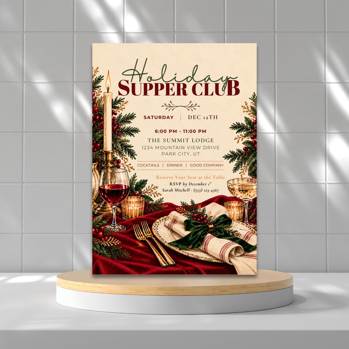 Holiday Supper Club Christmas dinner party invitation and Excel party planner editable Canva template