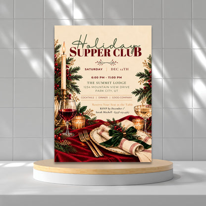 Holiday Supper Club Christmas dinner party invitation and Excel party planner editable Canva template