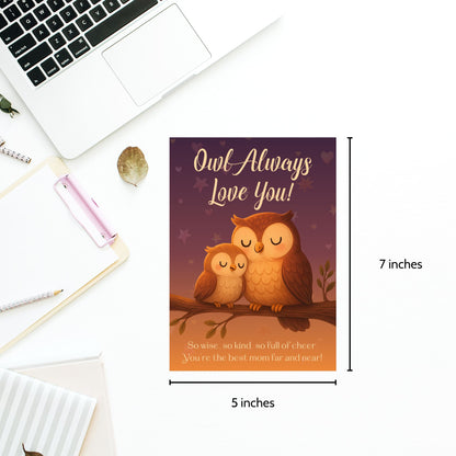 Printable 5x7 Mother's Day card with a cute owl and the pun "Owl Always Love You," featuring a soft, whimsical design, available as an instant download PDF.