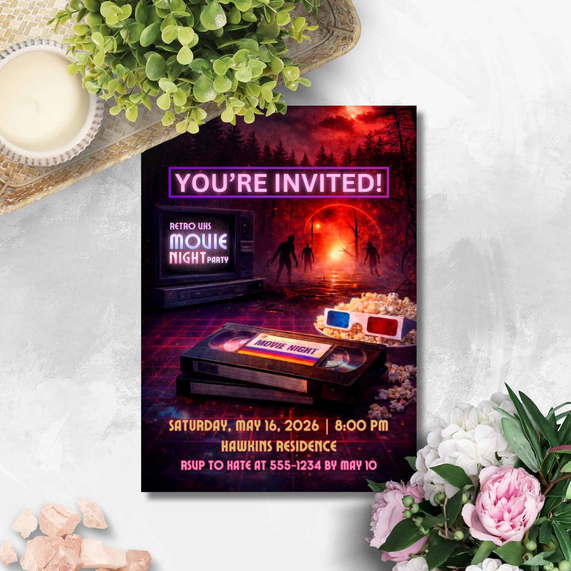 Editable retro sci-fi movie night invitation featuring neon glow, VHS-style elements, and cinematic 1980s nostalgia, designed as a 5x7 Canva-editable digital party invite for birthdays and movie nights.