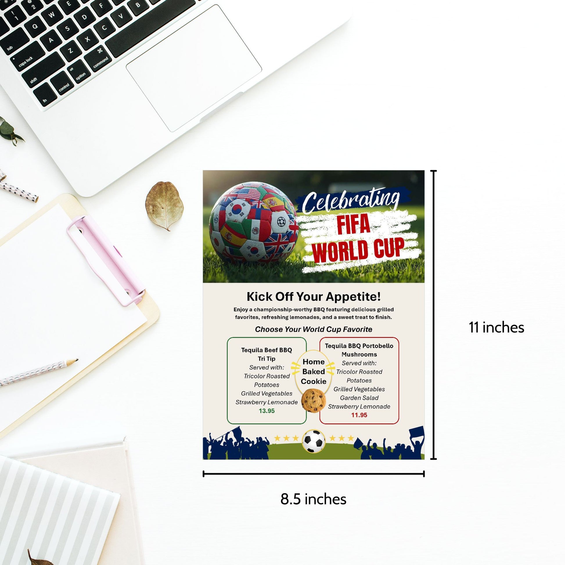 Editable FIFA World Cup-inspired menu template featuring soccer ball graphics, sports-themed design, customizable food menu, printable 8.5x11 Word document for watch parties and events.