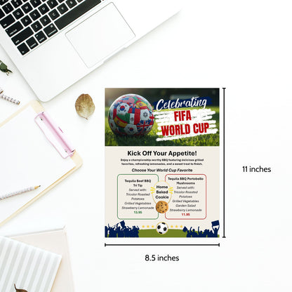 Editable FIFA World Cup-inspired menu template featuring soccer ball graphics, sports-themed design, customizable food menu, printable 8.5x11 Word document for watch parties and events.
