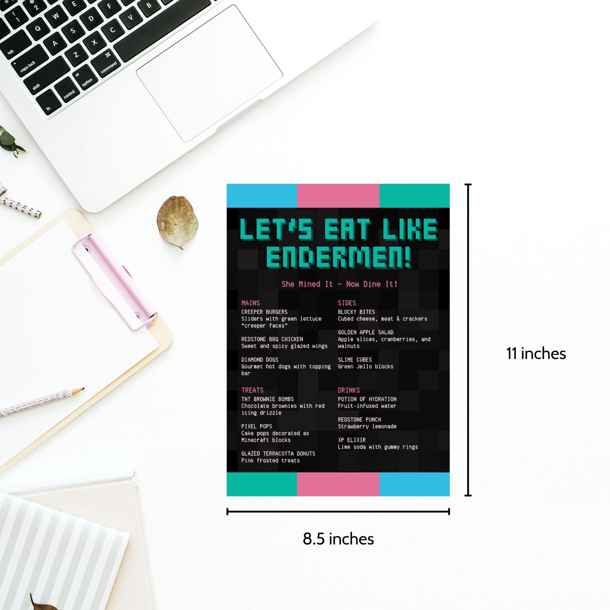 Editable Minecraft-themed menu template titled “Let’s Eat Like Endermen” with customizable tagline and food list. Pixel-style design, Canva editable, 8.5 x 11 inches.