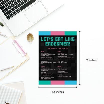 Editable Minecraft-themed menu template titled “Let’s Eat Like Endermen” with customizable tagline and food list. Pixel-style design, Canva editable, 8.5 x 11 inches.