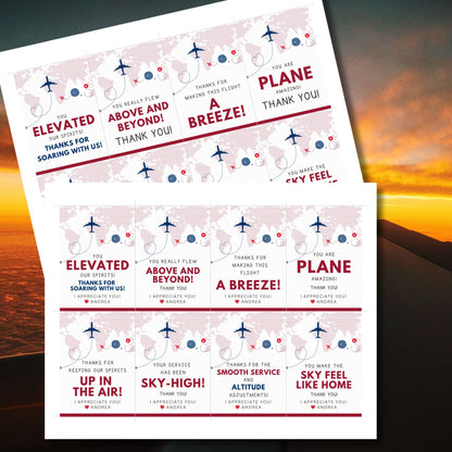 Printable and editable aviation-themed thank you gift tags with airplane illustration in red, navy, and sky tones, designed for flight crew appreciation gifts.