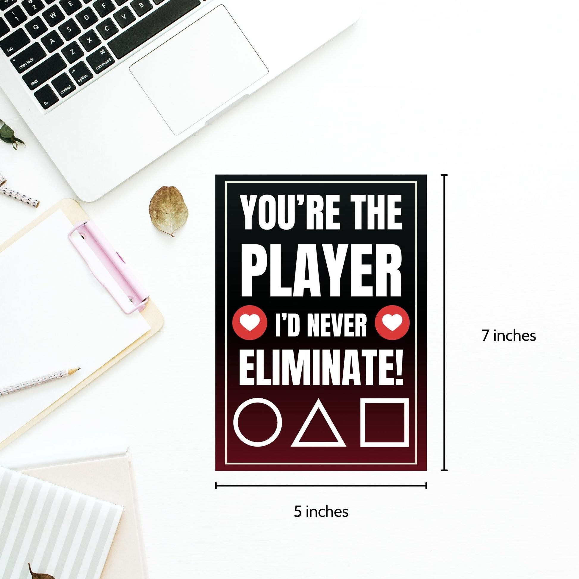 Squid Game-inspired Valentine’s Day card with a player selection theme, perfect for fans. Features bold red, black, and white colors with a playful elimination message.