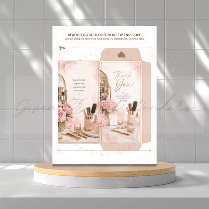 A printed hair stylist tip envelope template or packaging insert displayed upright on a round wooden pedestal against a light gray tiled wall. The insert features a pink and white design with floral illustrations, makeup tools, and the words 'Thank You' and 'Ready-to-cut hair stylist tip envelope.