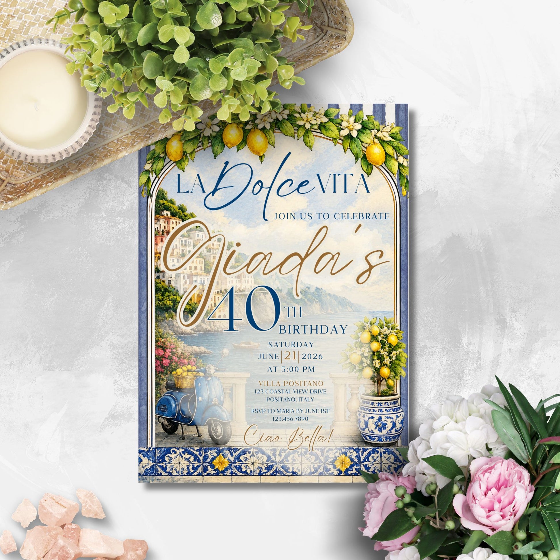Editable La Dolce Vita party invitation template featuring Amalfi Coast scenery, lemons, blue Italian tiles, Positano coastal artwork, vintage scooter, and elegant Mediterranean typography in blue and gold.