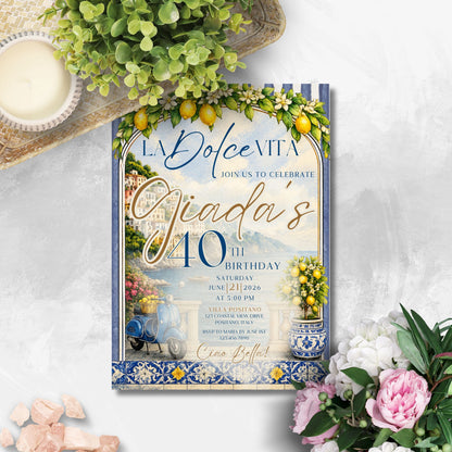 Editable La Dolce Vita party invitation template featuring Amalfi Coast scenery, lemons, blue Italian tiles, Positano coastal artwork, vintage scooter, and elegant Mediterranean typography in blue and gold.