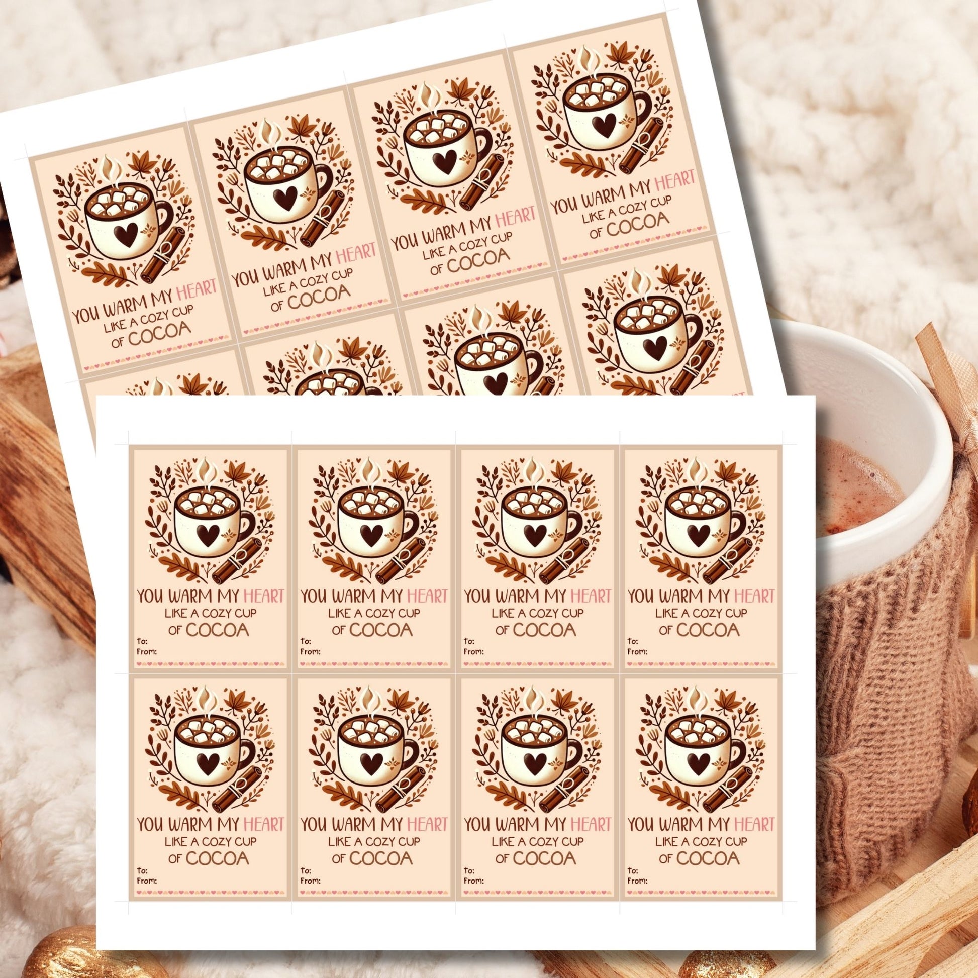 Editable hot cocoa-themed fall gift tags with the message 'You Warm My Heart Like a Cozy Cup of Cocoa' in 2.5 x 3.5 inches, 8 per sheet, available as printable and customizable PDFs.