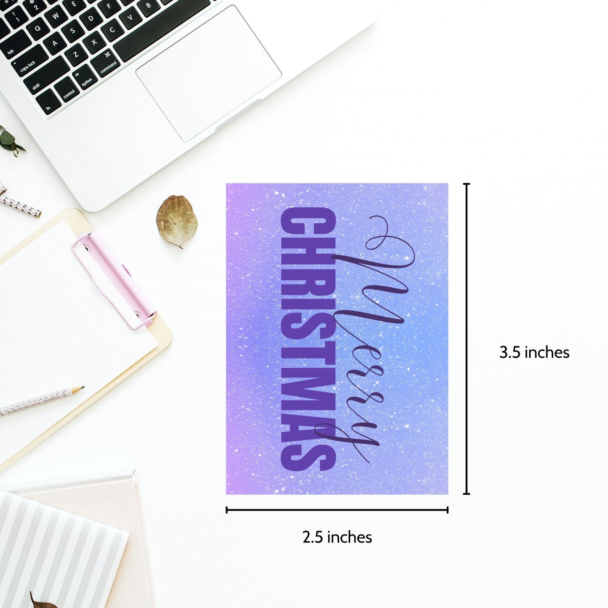 Printable Christmas gift tags featuring a lavender and sky blue gradient background with purple "Merry Christmas" text, sized 2.5 x 3.5 inches, 8 tags per sheet.