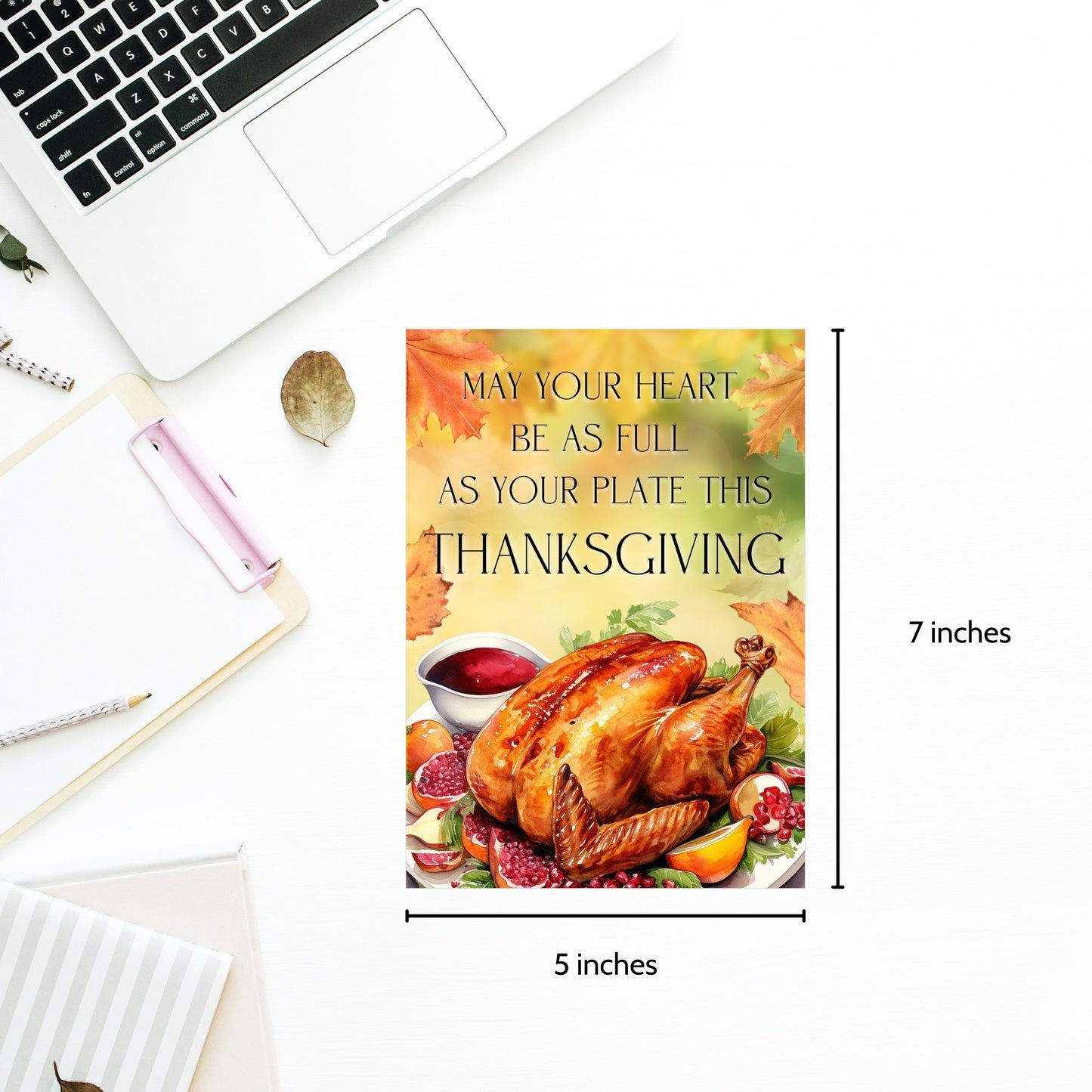 Printable Thanksgiving Greeting Card with the message 'May Your Heart Be as Full as Your Plate This Thanksgiving,' featuring festive fall designs.