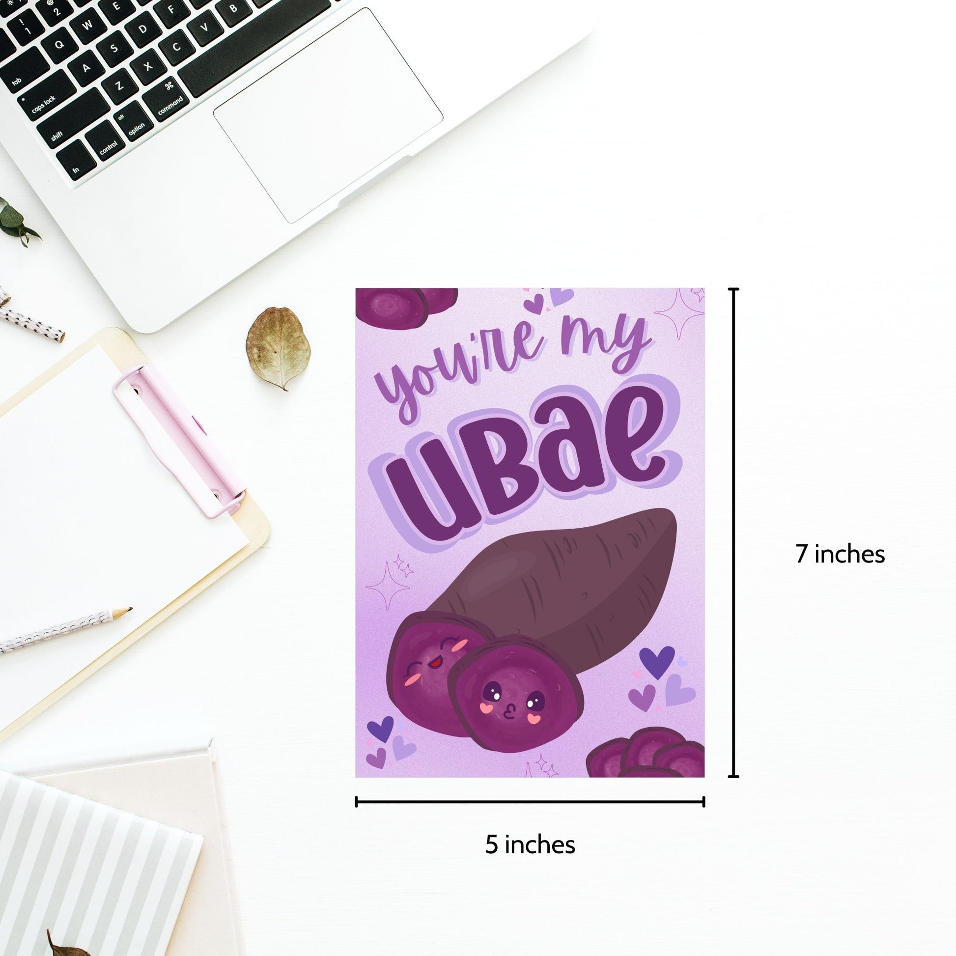 Printable Valentine’s Day card featuring the phrase “You’re My UBAE” with a cute and colorful ube-themed design. Designed as a 5x7 PDF on an 8.5 x 11 sheet with two cards per page. A punny and heartfelt Valentine’s card for ube lovers.