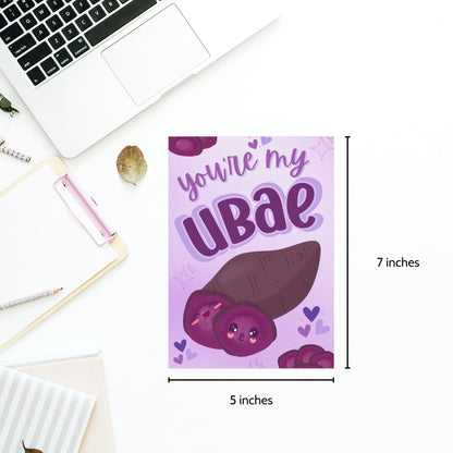 Printable Valentine’s Day card featuring the phrase “You’re My UBAE” with a cute and colorful ube-themed design. Designed as a 5x7 PDF on an 8.5 x 11 sheet with two cards per page. A punny and heartfelt Valentine’s card for ube lovers.