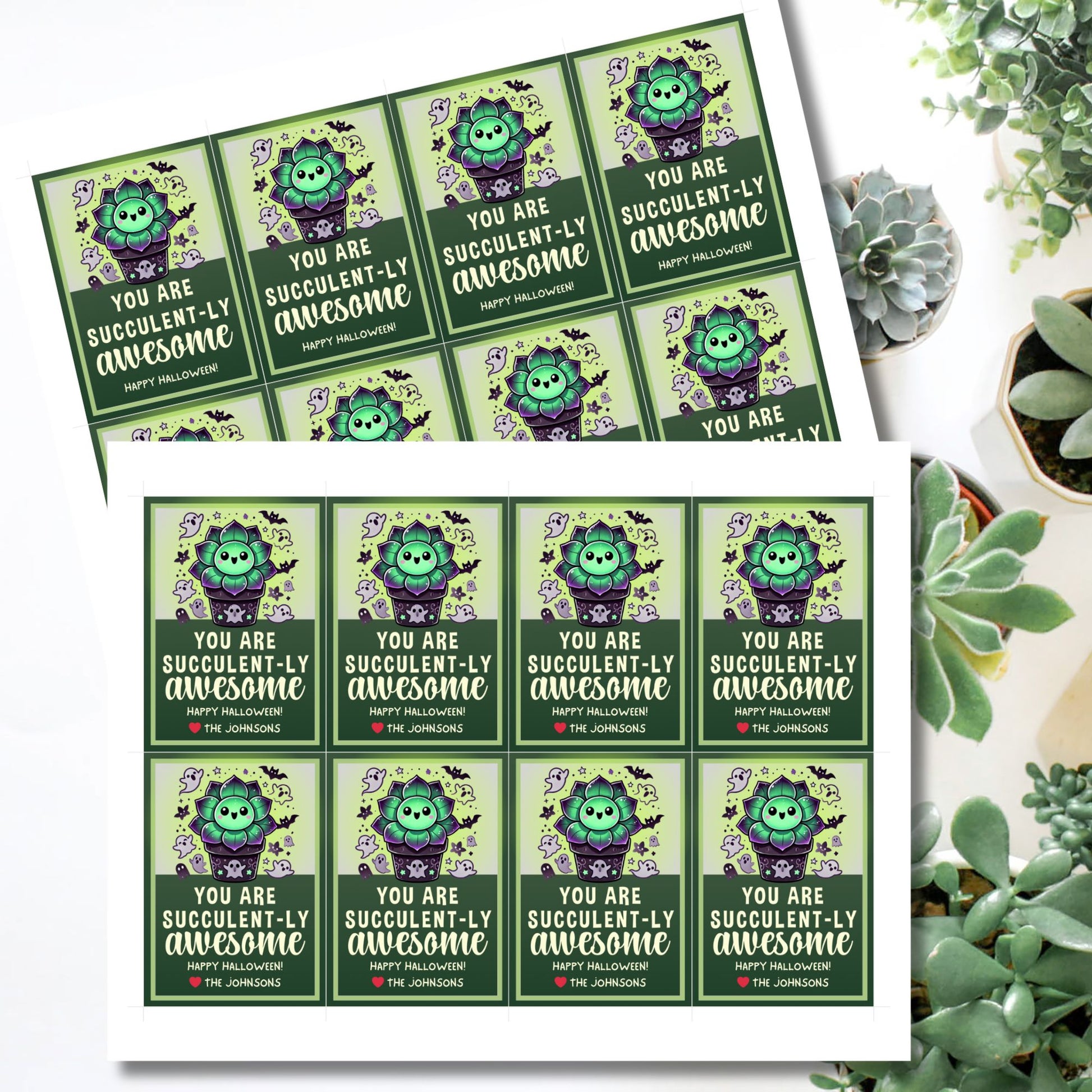 Halloween-themed printable gift tags with the message "You Are Succulent-ly Awesome" featuring a cute succulent plant surrounded by spooky Halloween icons. Tags are 2.5 x 3.5 inches, laid out 8 per sheet on a standard 8.5 x 11-inch page. Includes a printable PDF and a PDF with a link to an editable Canva template.