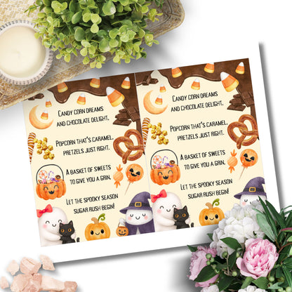 Halloween-themed placemat with candy illustrations and text on a white surface with flowers and a bowl.