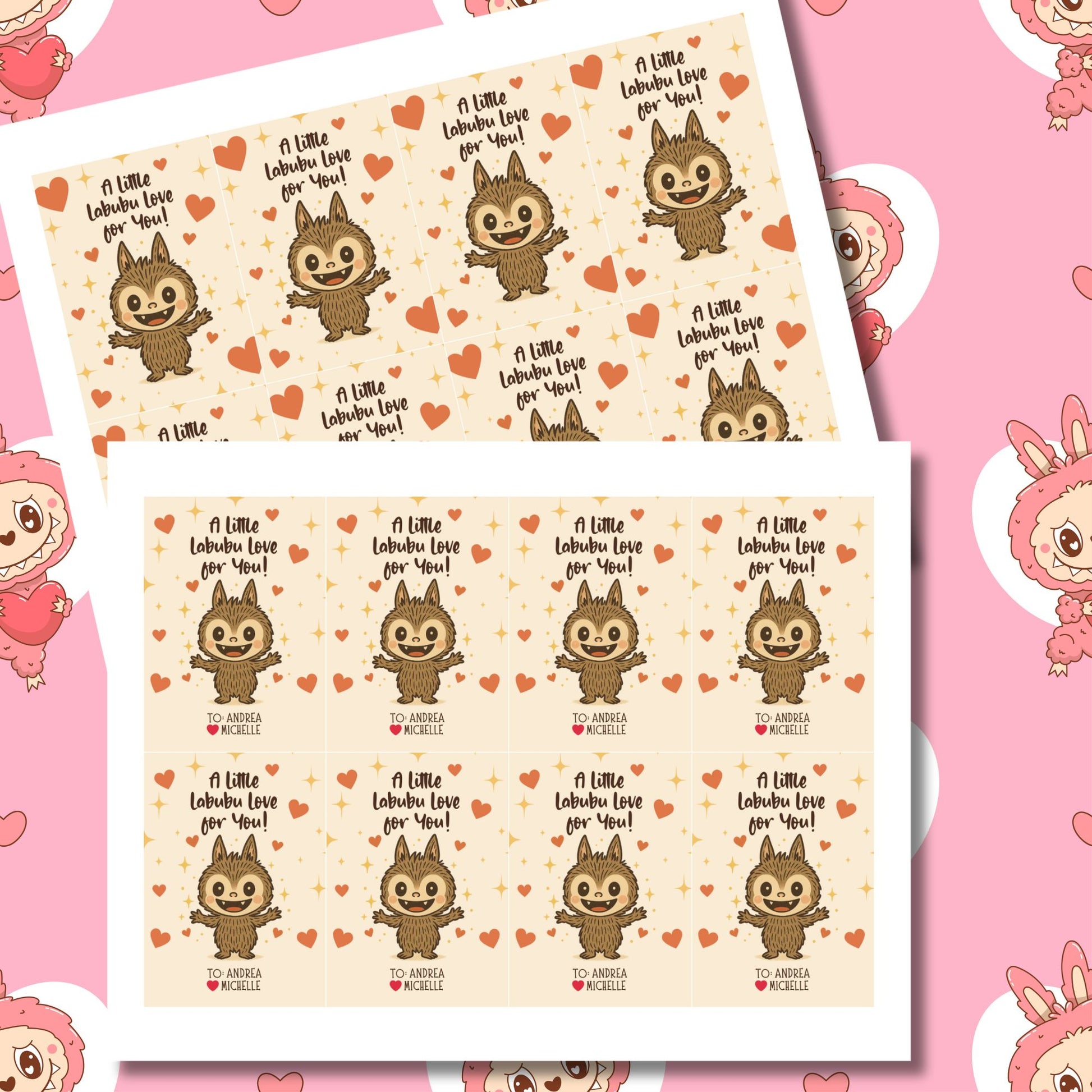 Two sheets of stickers with cartoon characters and text on a pink background with cartoon characters.
