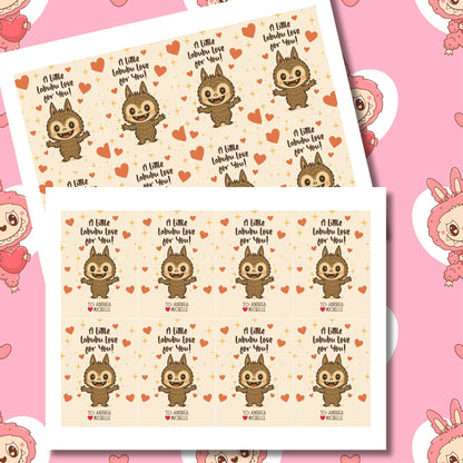 Two sheets of stickers with cartoon characters and text on a pink background with cartoon characters.