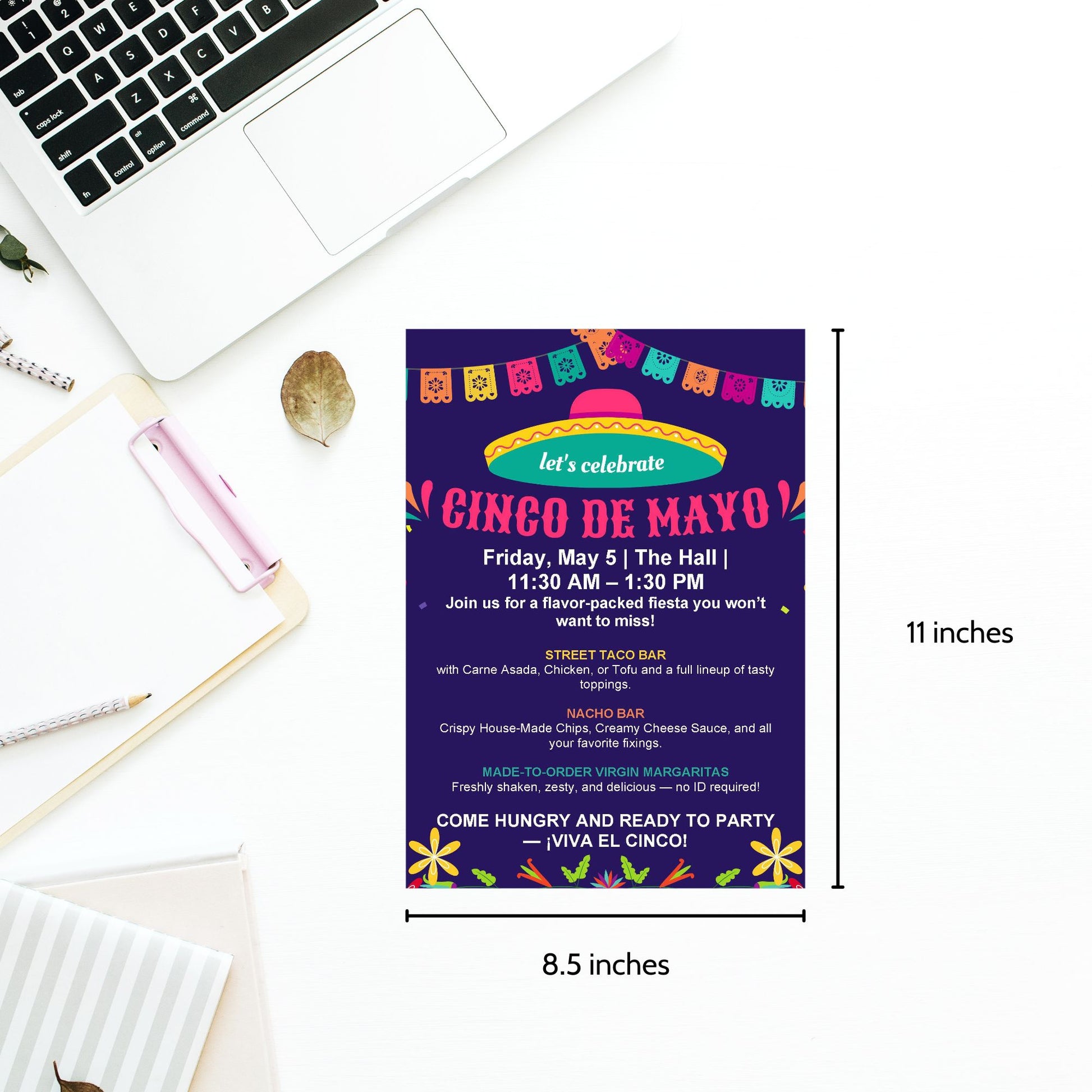 Editable Cinco de Mayo flyer with vibrant sombrero and papel picado design; fixed header says “Let’s Celebrate Cinco de Mayo,” with editable fields for event details and menu.